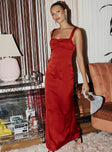 side view of model wearing Princess Polly Strauss Maxi Dress Red Square Neck Square Neck 