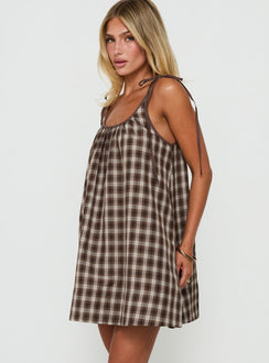 Lucka Babydoll Tie Mini Dress Brown Check