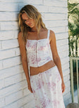 side view of model wearing Princess Polly Modern Girl Top White / Pink Sleeveless Square Neck 