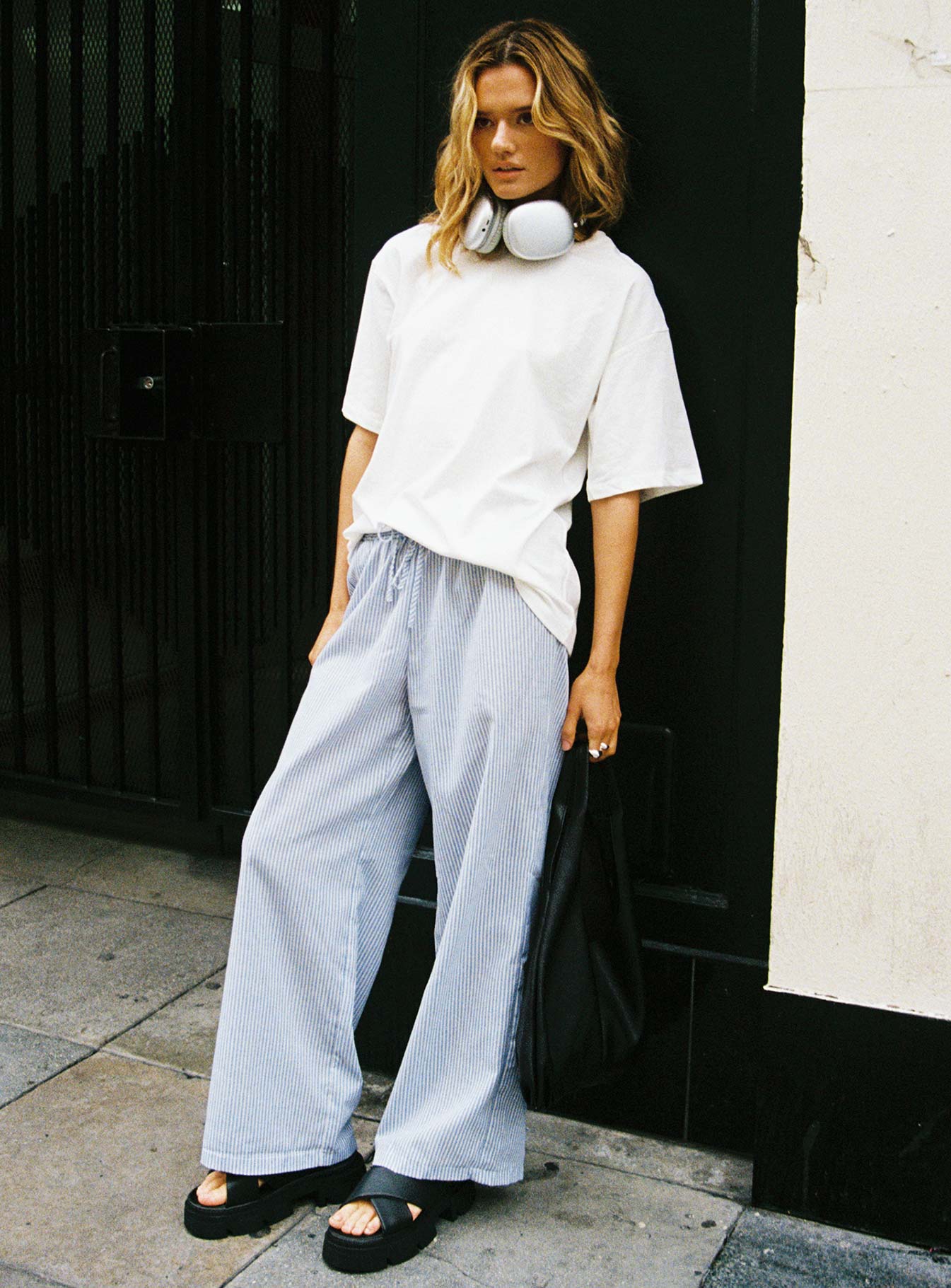 front view of model wearing Princess Polly Holiday Tie Front Pant Blue/ White Stripe Petite High Waisted Pants 