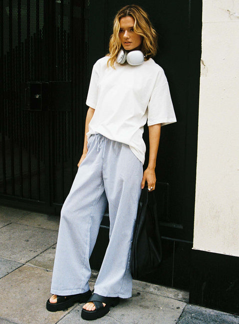 front view of model wearing Princess Polly Holiday Tie Front Pant Blue/ White Stripe Petite High Waisted Pants 