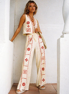 front view of model wearing Princess Polly Grazia Vest Top Cream / Red Sleeveless Plunger 