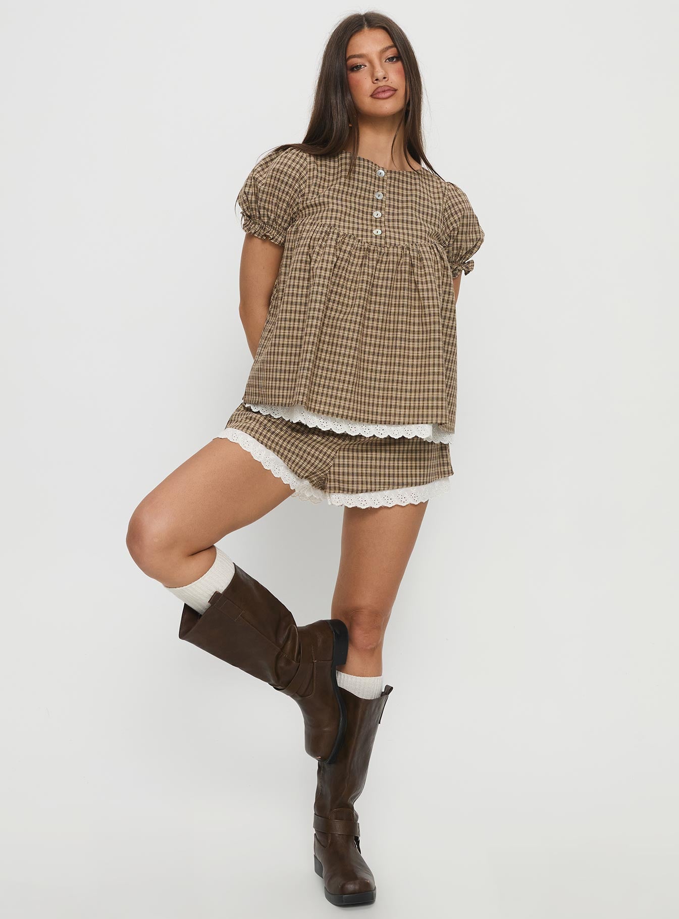 Chandelier Mini Lace Trim Shorts Brown Check