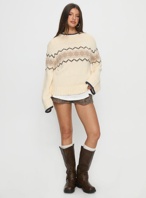 front view of model wearing Princess Polly Madalynn Knit Graphic Jumper Beige Long 