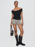 front view of model wearing Princess Polly Sonnie Off Shoulder Top Black Short Sleeves Cowl 