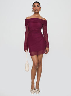 front view of model wearing Princess Polly Consideration Mini Dress Burgundy Straight Neck 