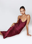 side view of model wearing Princess Polly Marilyn Maxi Dress Wine Plunger 