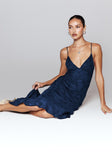 side view of model wearing Princess Polly Cyrene Maxi Dress Navy Plunger 