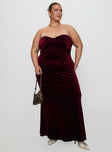 front view of model wearing Princess Polly Irena Strapless Maxi Dress Burgundy Curve Sweetheart Neckline 