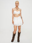 white Matching lace set Crop top fixed shoulder straps sweetheart neckline lace up detail at front zip fastening at back