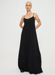 Front view of model wearing  front Princess Polly Crew Neck  Milden Linen Blend Maxi Dress Black