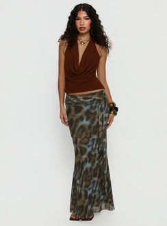   side view of model wearing Princess Polly Caviar Tie Maxi Skirt Leopard 