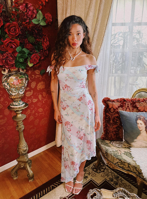 side view of model wearing Princess Polly Smitten Asymmetric Maxi Dress Multi Straight Neck 