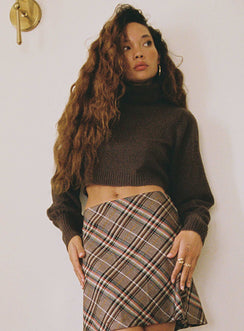 side view of model wearing Princess Polly Zahara Cropped Turtleneck Sweater Brown Cropped 
