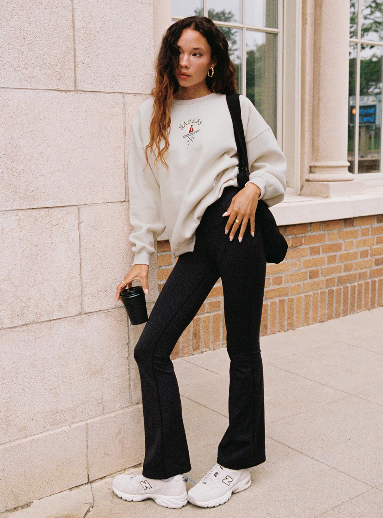 side view of model wearing Princess Polly Dream Fleece Classic Crewneck Sweater Beige 