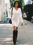 front view of model wearing Princess Polly Fine Line Long Sleeve Knit Mini Dress White Sweetheart Neckline 