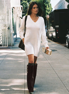 front view of model wearing Princess Polly Fine Line Long Sleeve Knit Mini Dress White V-Neck 