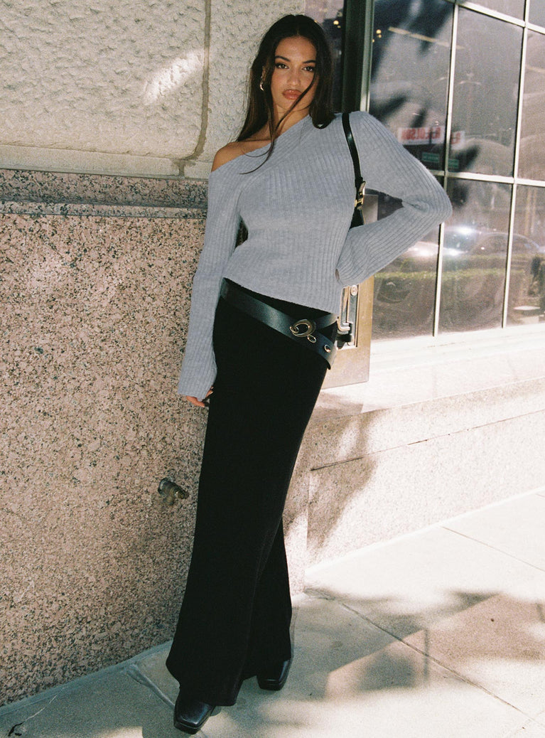 front view of model wearing Princess Polly Phillips Cold Shoulder Sweater Grey Cropped 