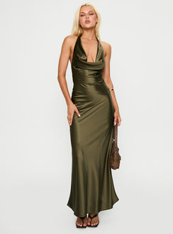 front view of model wearing Princess Polly Iridescent Plunge Maxi Dress Olive Green Plunger 