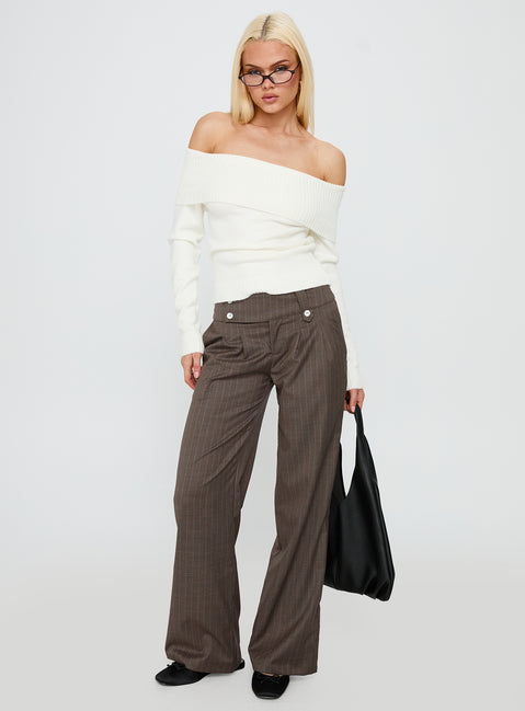 front view of model wearing Princess Polly Briellea Thick Waistband Pant Pinstripe Low Rise Pants 