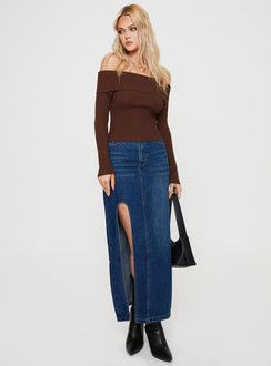 Front view of model wearing  front Princess Polly Full Sleeves Square Neck  Infinity Off The Shoulder Top Brown