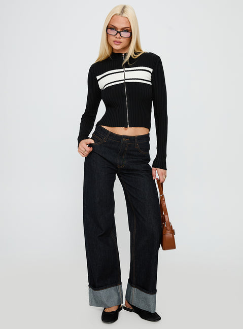 side view of model wearing Princess Polly Decisive Zip Through Knit Sweater Black / White cropped 