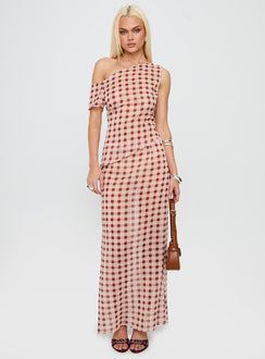   front view of model wearing Princess Polly Surina Skirt Peach Check Maxi 