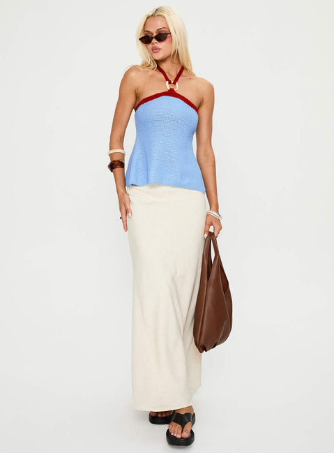 side view of model wearing Princess Polly Contradiction Hardware Detail Top Blue Sleeveless V-Neck 