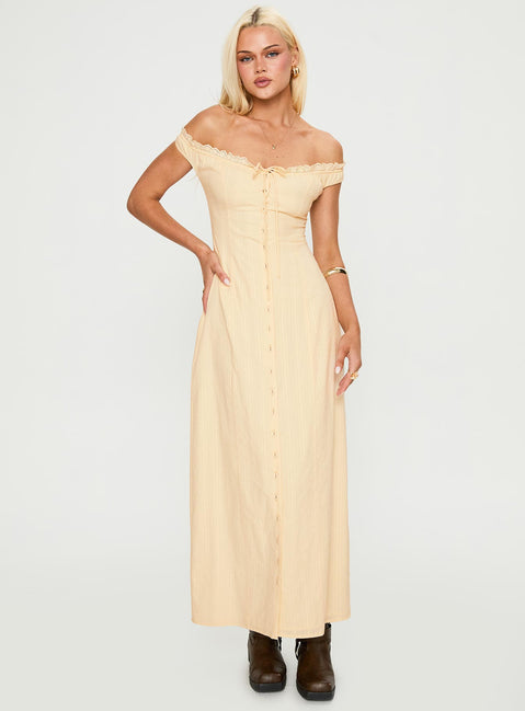 front view of model wearing Princess Polly Bryar Maxi Dress Yellow V-Neck 