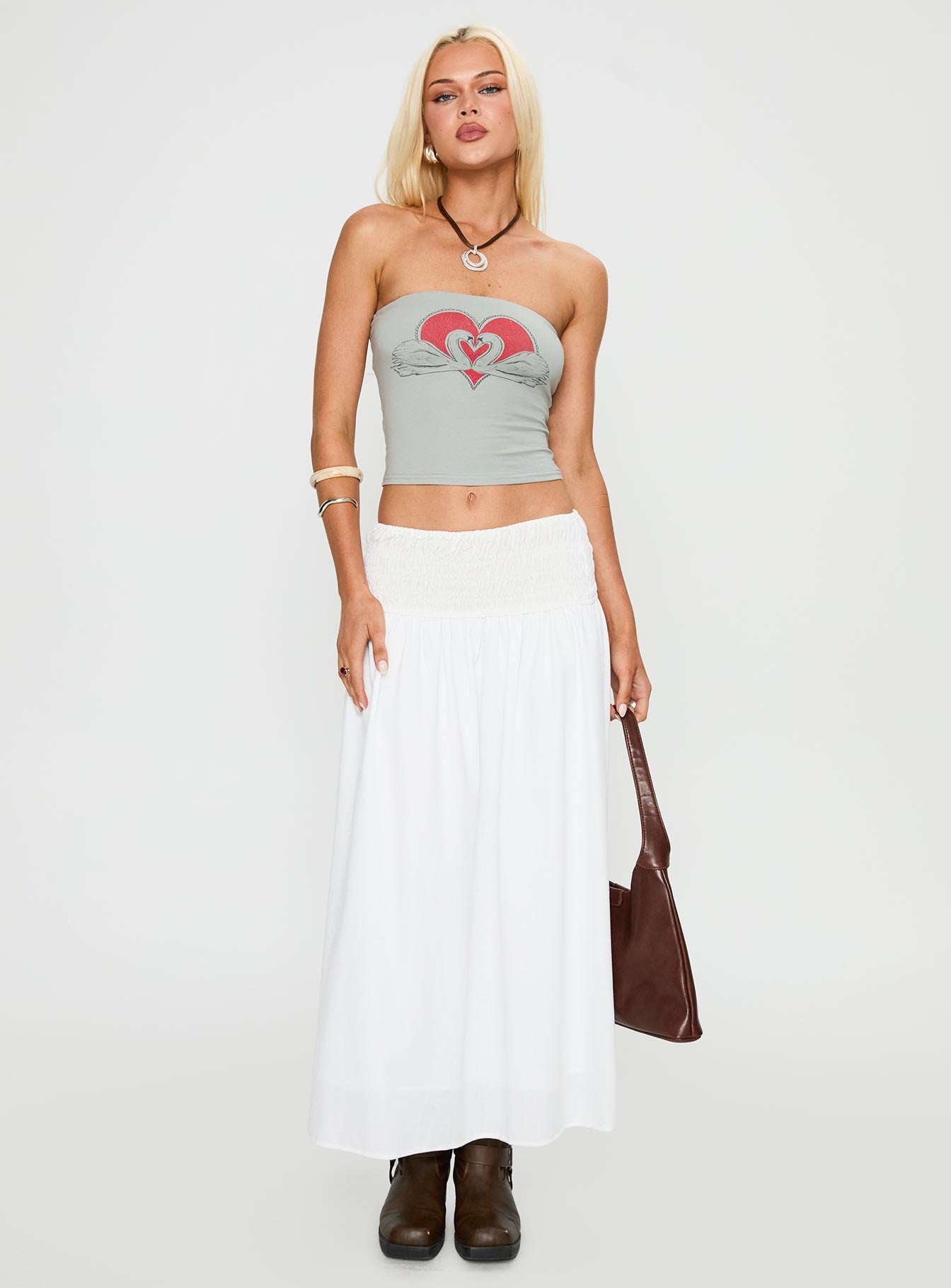   front view of model wearing Princess Polly Small Towns Shirred Midi Skirt White Midi Skirts 
