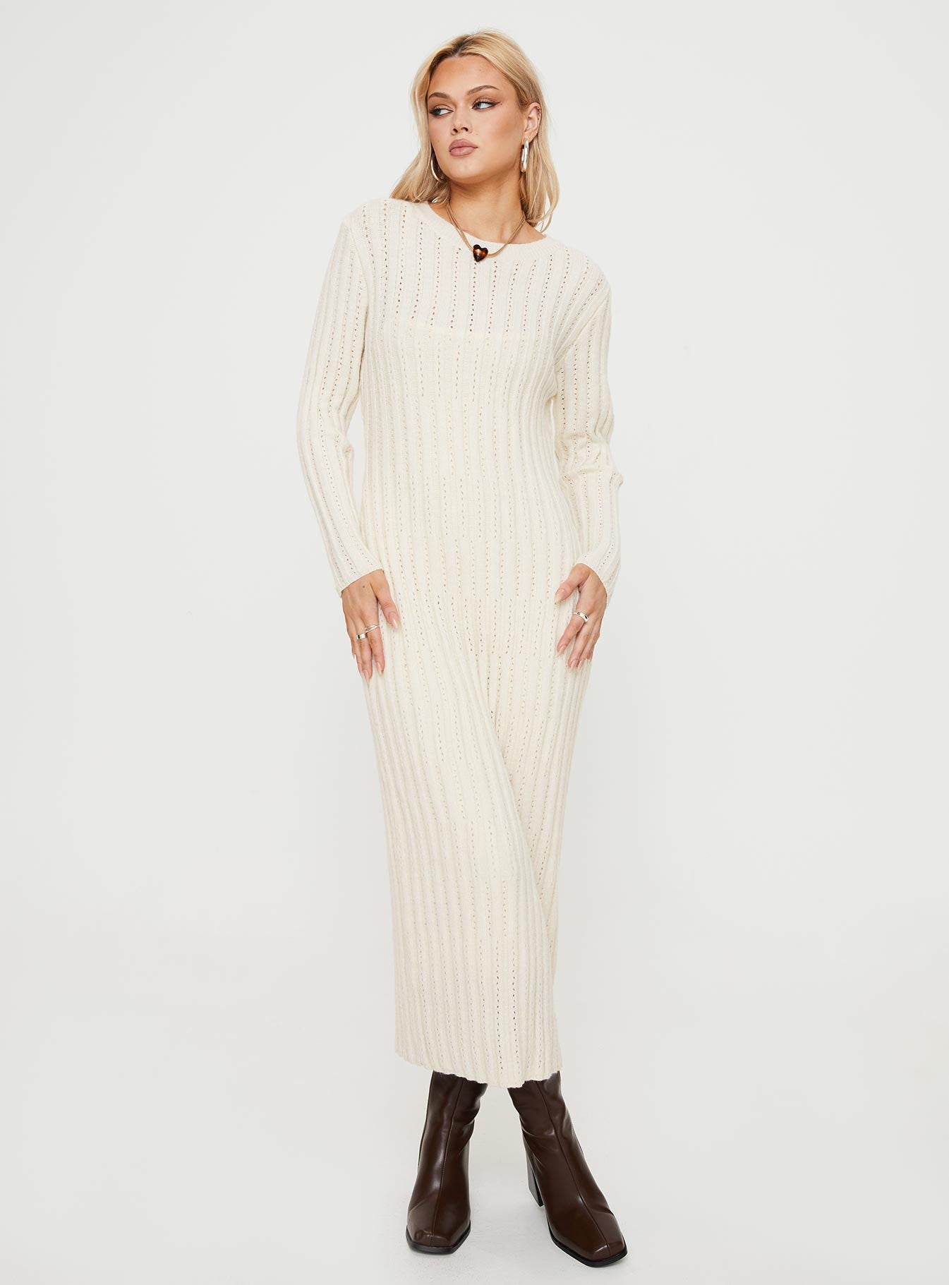 product Princess Polly Crew Neck  Rahne Long Sleeve Knit Maxi Dress Cream