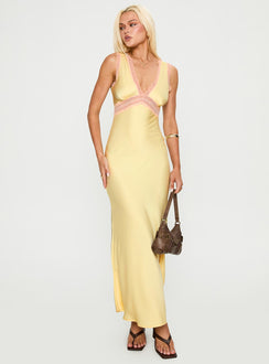 front view of model wearing Princess Polly Prophecies Lace Maxi Dress Lemon Plunger 