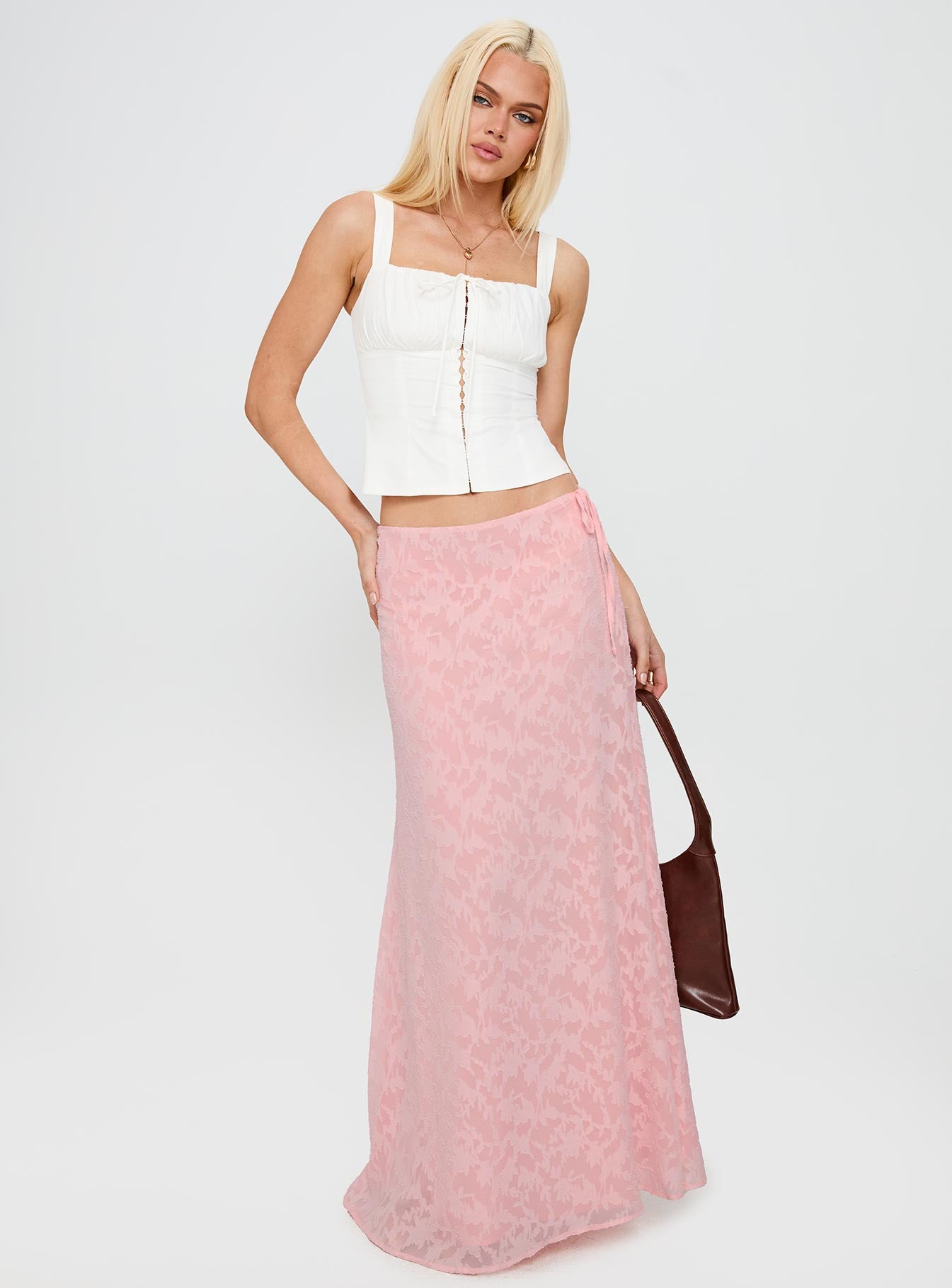   front view of model wearing Princess Polly Youthful Spirit Lace Maxi Skirt Pink Maxi 