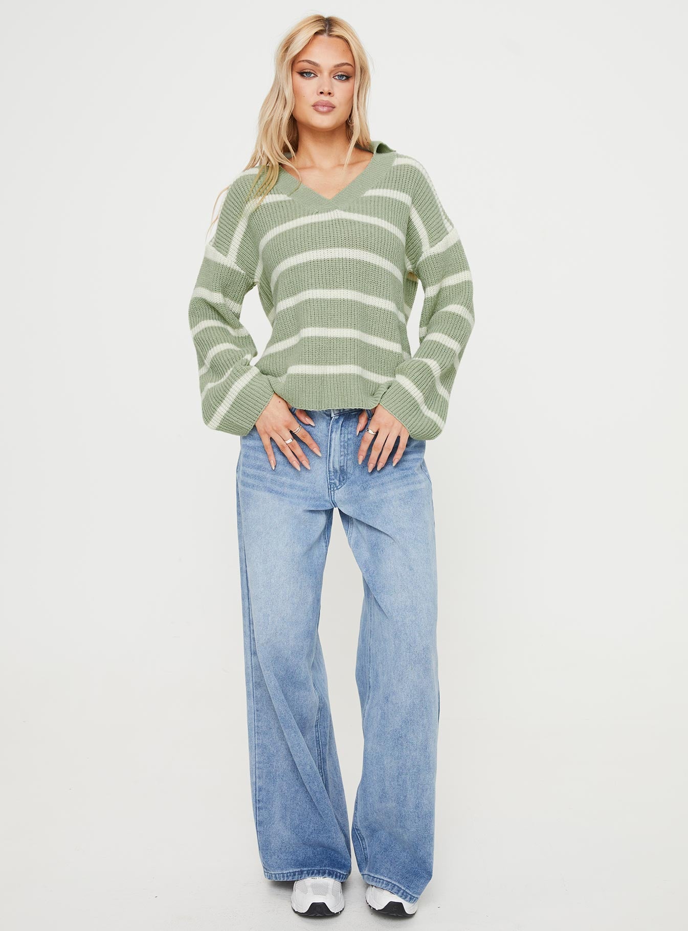 Forte Knit Sweater Sage/cream Princess Polly  regular 