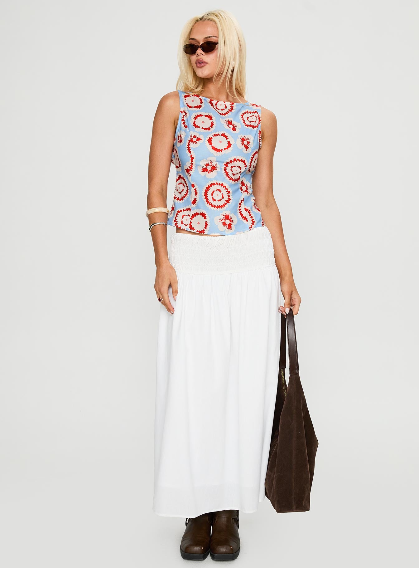 side view of model wearing Princess Polly Lilitina Top Multi Floral Sleeveless Crew Neck 