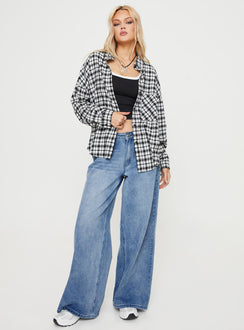 Front view of model wearing  front Princess Polly Full Sleeves Crew Neck  Medley Shirt Black / White Check