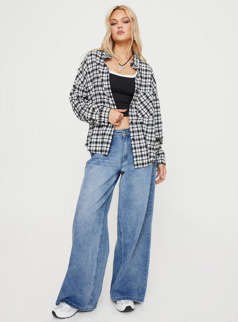 Front view of model wearing  front Princess Polly Full Sleeves Crew Neck  Medley Shirt Black / White Check