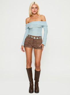 front view of model wearing Princess Polly Back With Love Off Shoulder Long Sleeve Top Blue Full Sleeves straight 