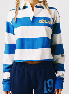 front view of model wearing Princess Polly UCLA Rugby Polo Blue / White Full Sleeves High Neck 