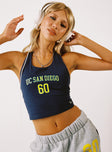 front view of model wearing Princess Polly UCSD Tailgate Top Navy Sleeveless Scoop Neck 