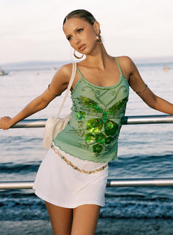 front view of model wearing Princess Polly Start Of Summer Sequin Top Green Sleeveless Scoop Neck 