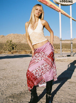 front view of model wearing Princess Polly Darrah Lace Halter Top Cream Sleeveless Plunger 
