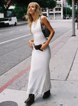 side view of model wearing Princess Polly Ashen Maxi Dress White Boat Neck 