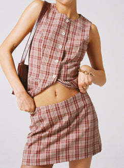 back view of model wearing Princess Polly Theodosia Top Red Check Sleeveless Crew Neck 