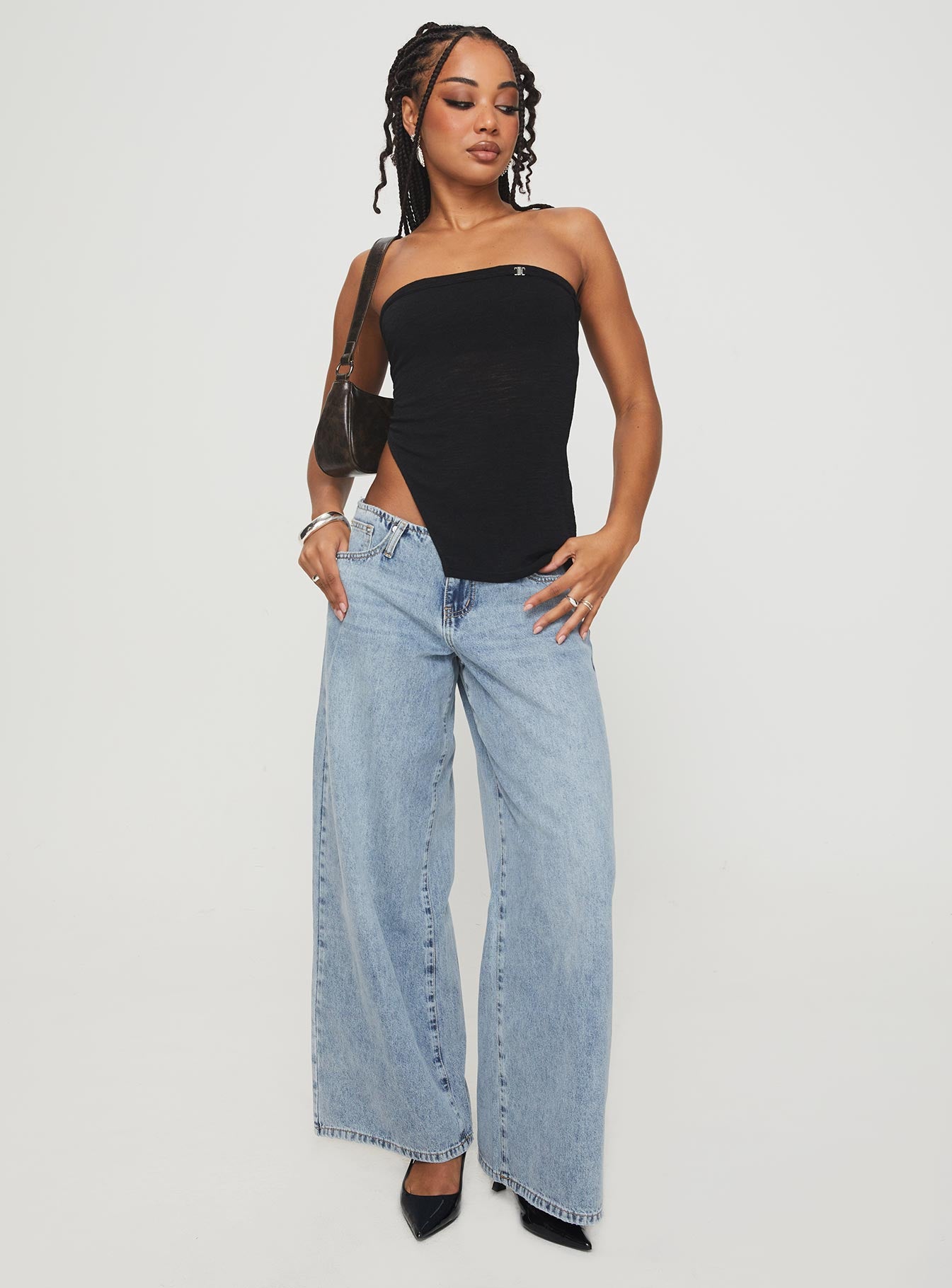 front view of model wearing Princess Polly Chardonay Strapless Top Black Sleeveless straight 