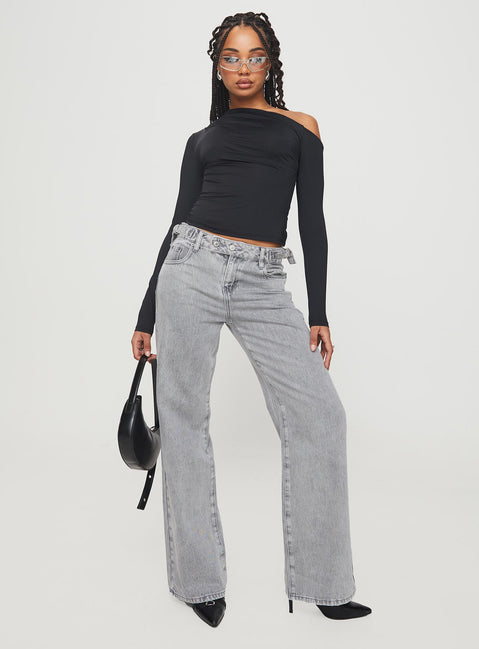 front view of model wearing Princess Polly Scheana Low Rise Jeans Steel Grey Mid Rise 