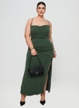 Green maxi dress Halter style, straight neckline, ruching detail, split in hem