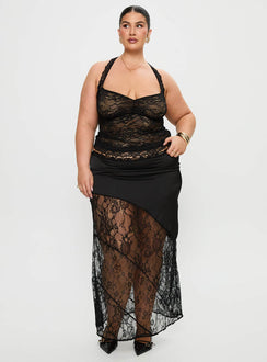   front view of model wearing Princess Polly Castelli Lace Maxi Skirt Black Curve Maxi 