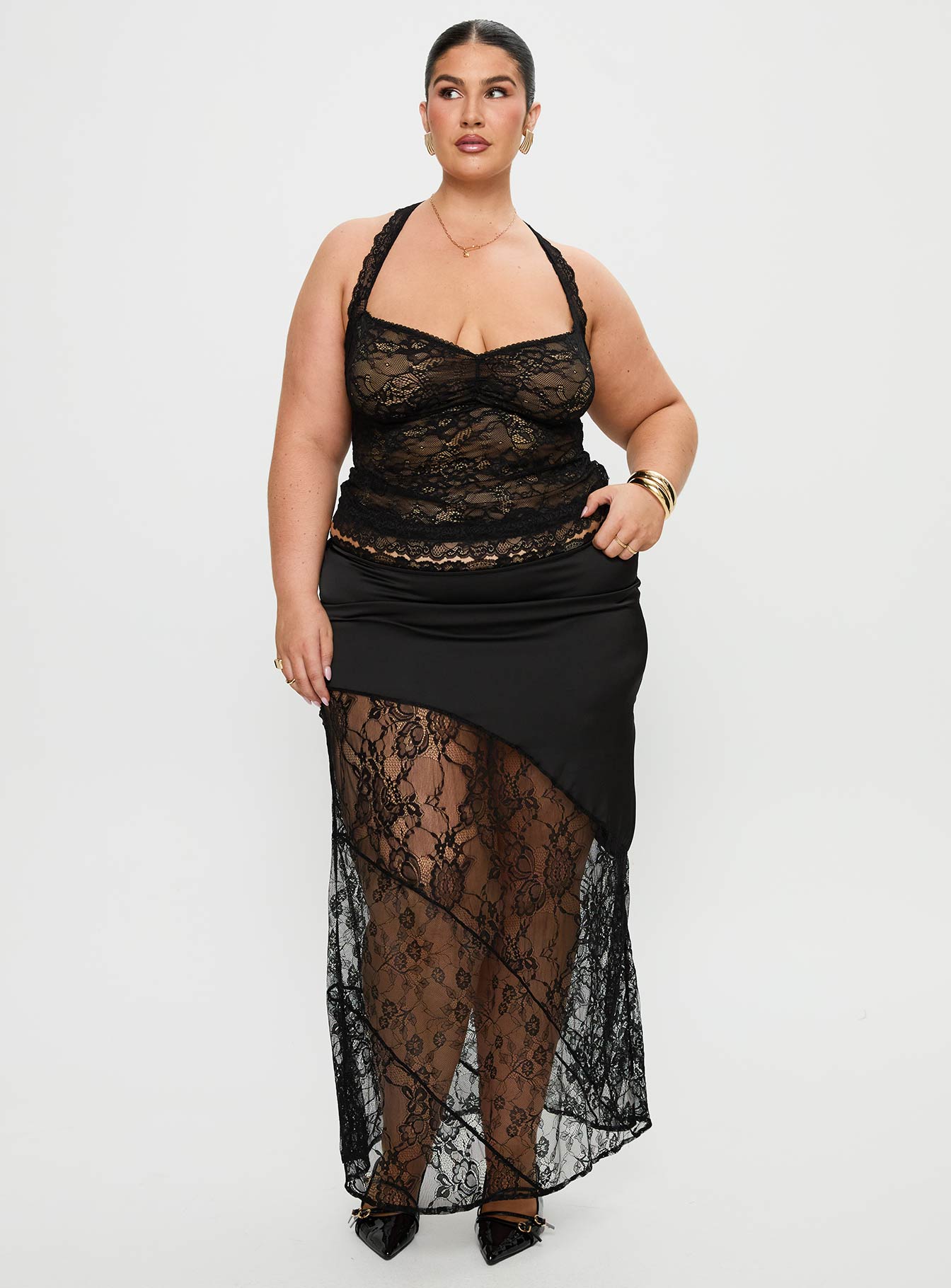 front view of model wearing Princess Polly Fantasize Lace Halter Top Black Curve Sleeveless Sweetheart 