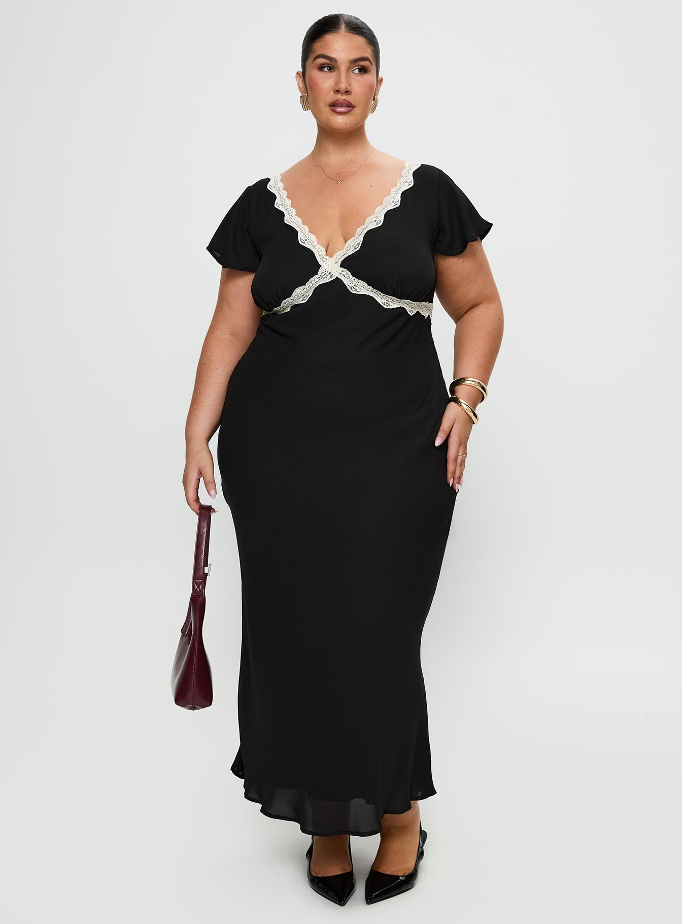 front view of model wearing Princess Polly Barbarita Lace Maxi Dress Black Curve Plunger 
